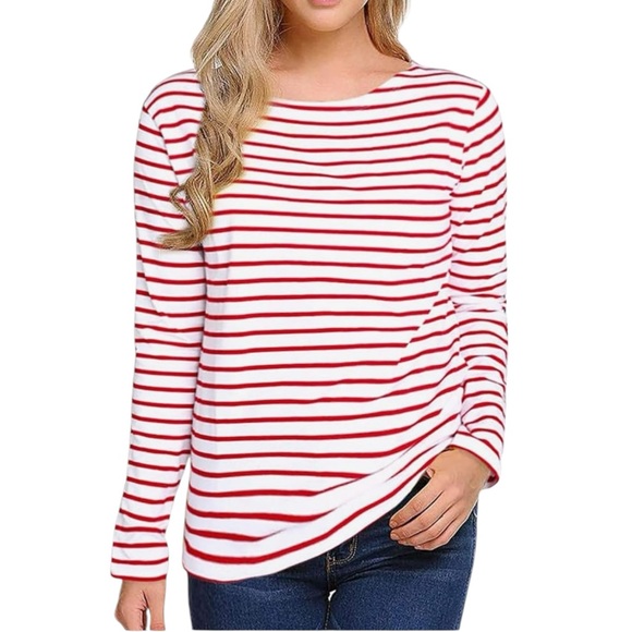 Lily Coco Tops - Lily Coco Red White Stripe Boat Neck Long Sleeve Cotton Womens Size L T Shirt